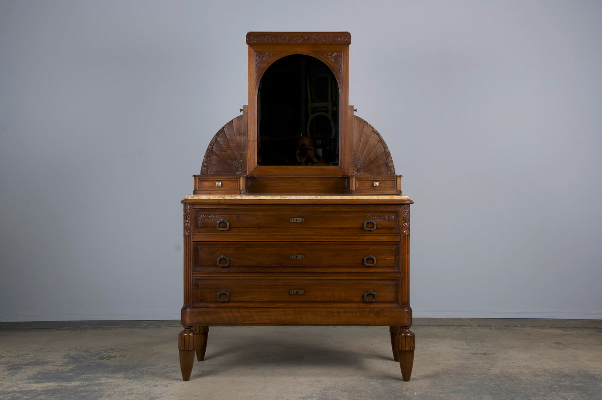 1930s French Art Deco Walnut Dresser W/ Marble Top and Mirror