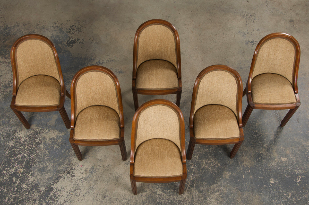 1930s French Art Deco Gondola Walnut Dining Chairs W/ Bronze Chenille - Set of 6