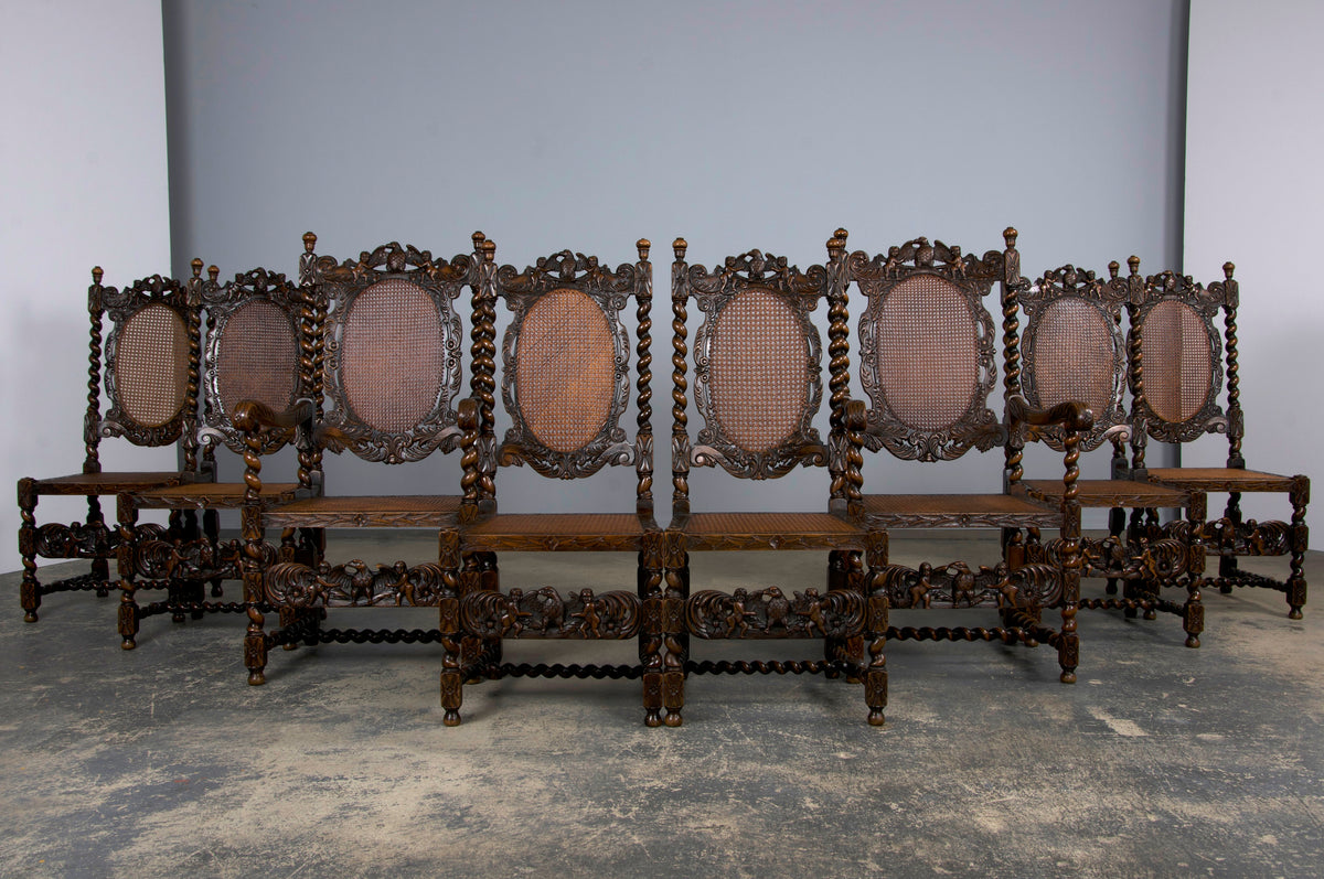 19th Century Jacobean Renaissance Style Walnut and Cane Carved Dining Chairs - Set of 8