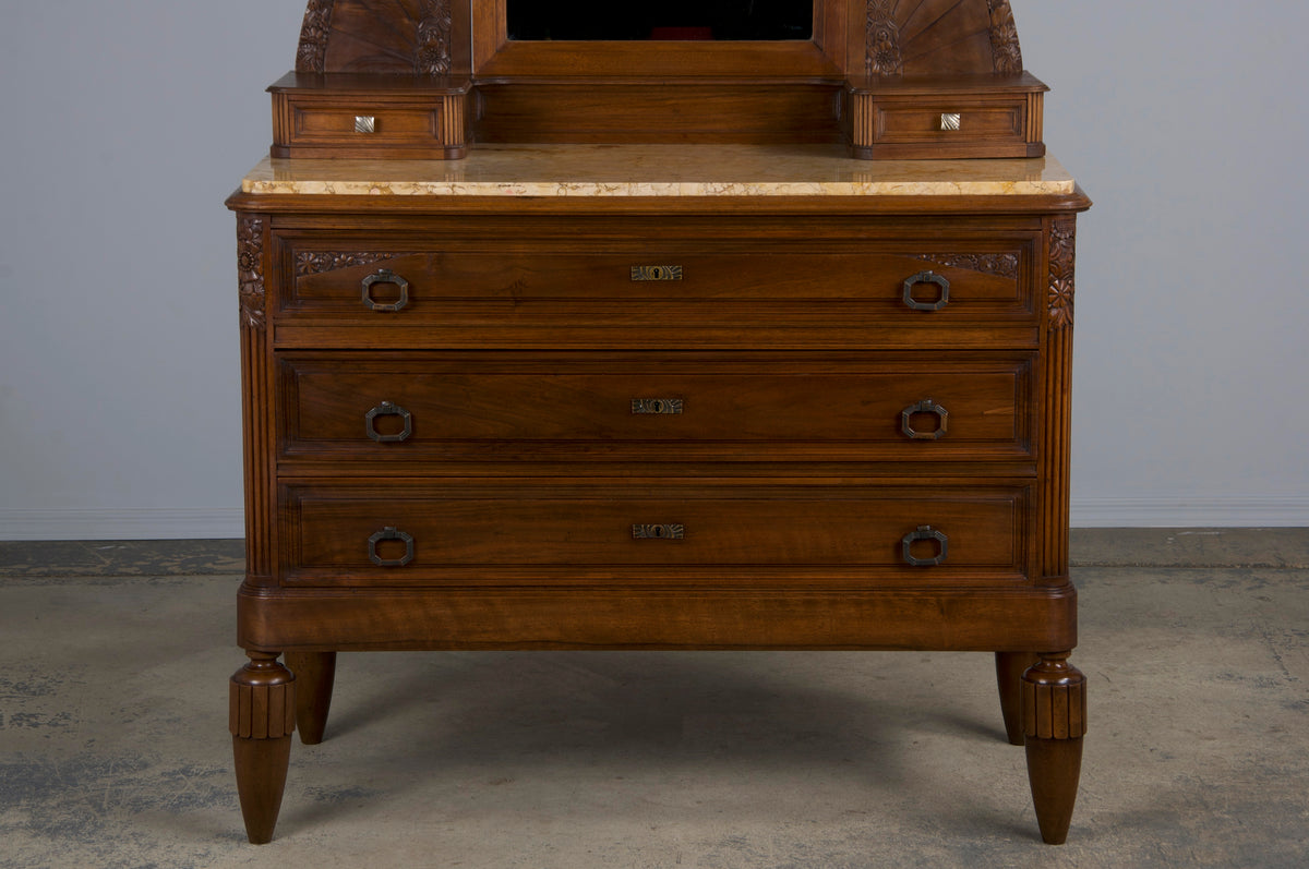 1930s French Art Deco Walnut Dresser W/ Marble Top and Mirror