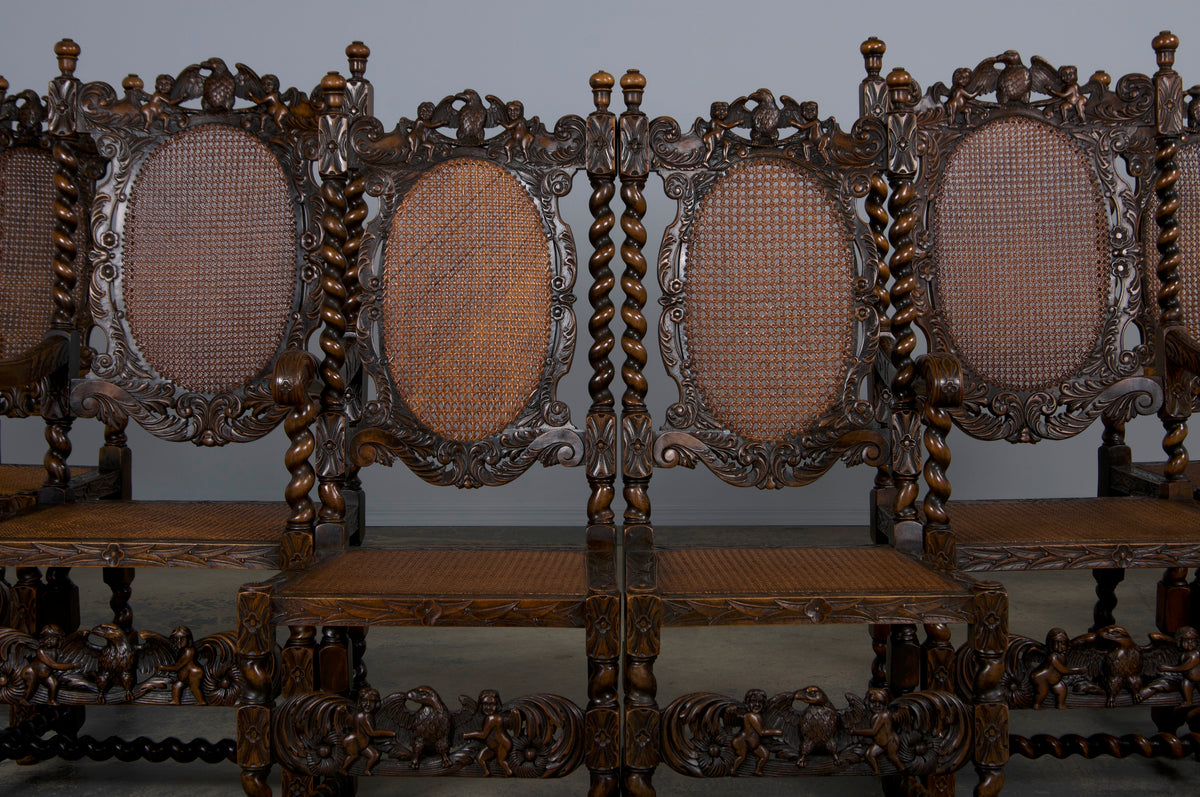 19th Century Jacobean Renaissance Style Walnut and Cane Carved Dining Chairs - Set of 8