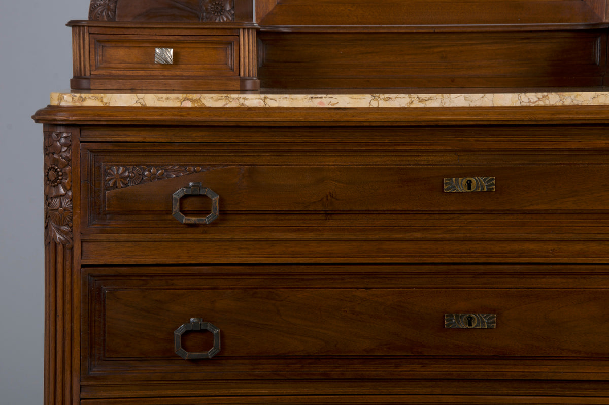 1930s French Art Deco Walnut Dresser W/ Marble Top and Mirror