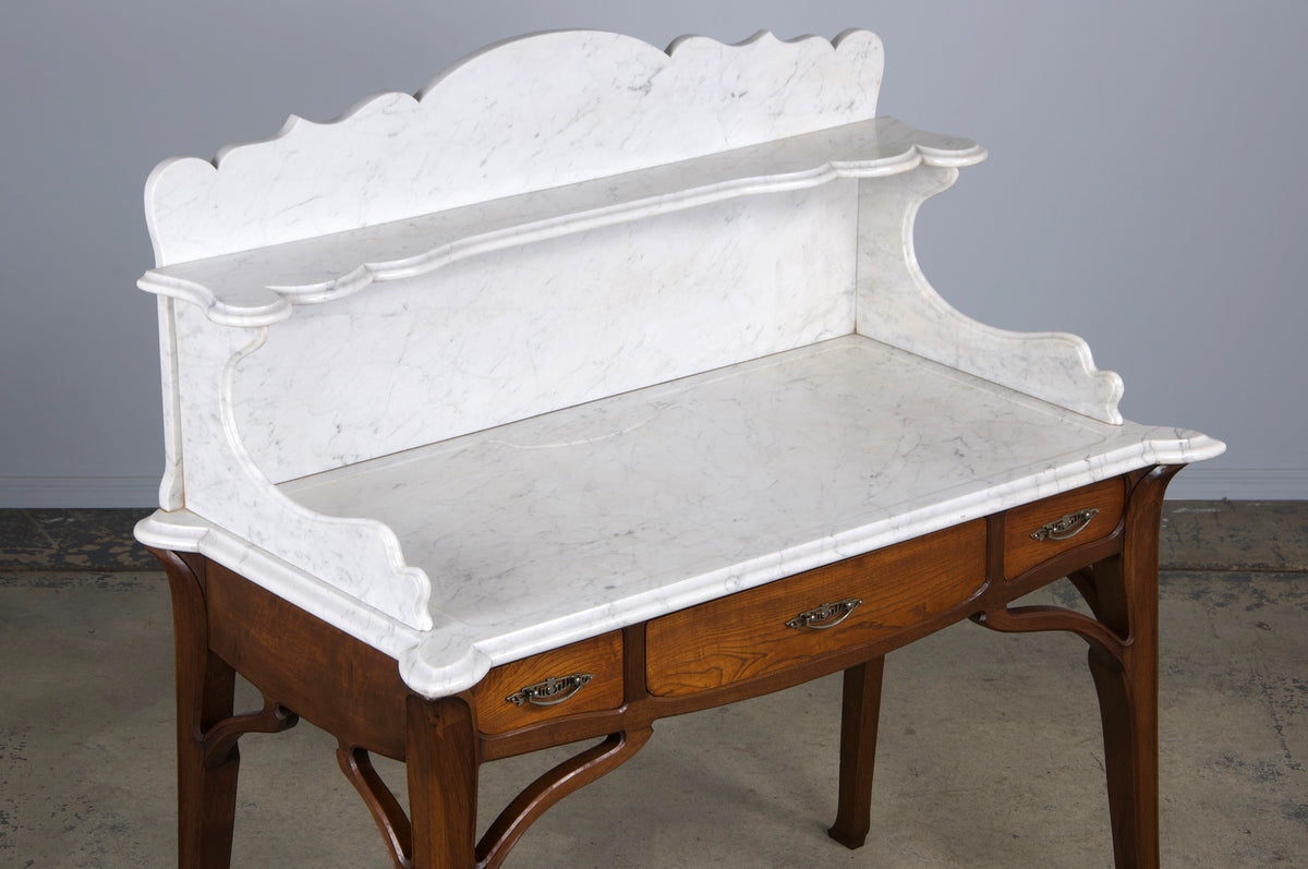 Antique French Art Nouveau Oak Wash Table Vanity W/ Carrara Marble Top