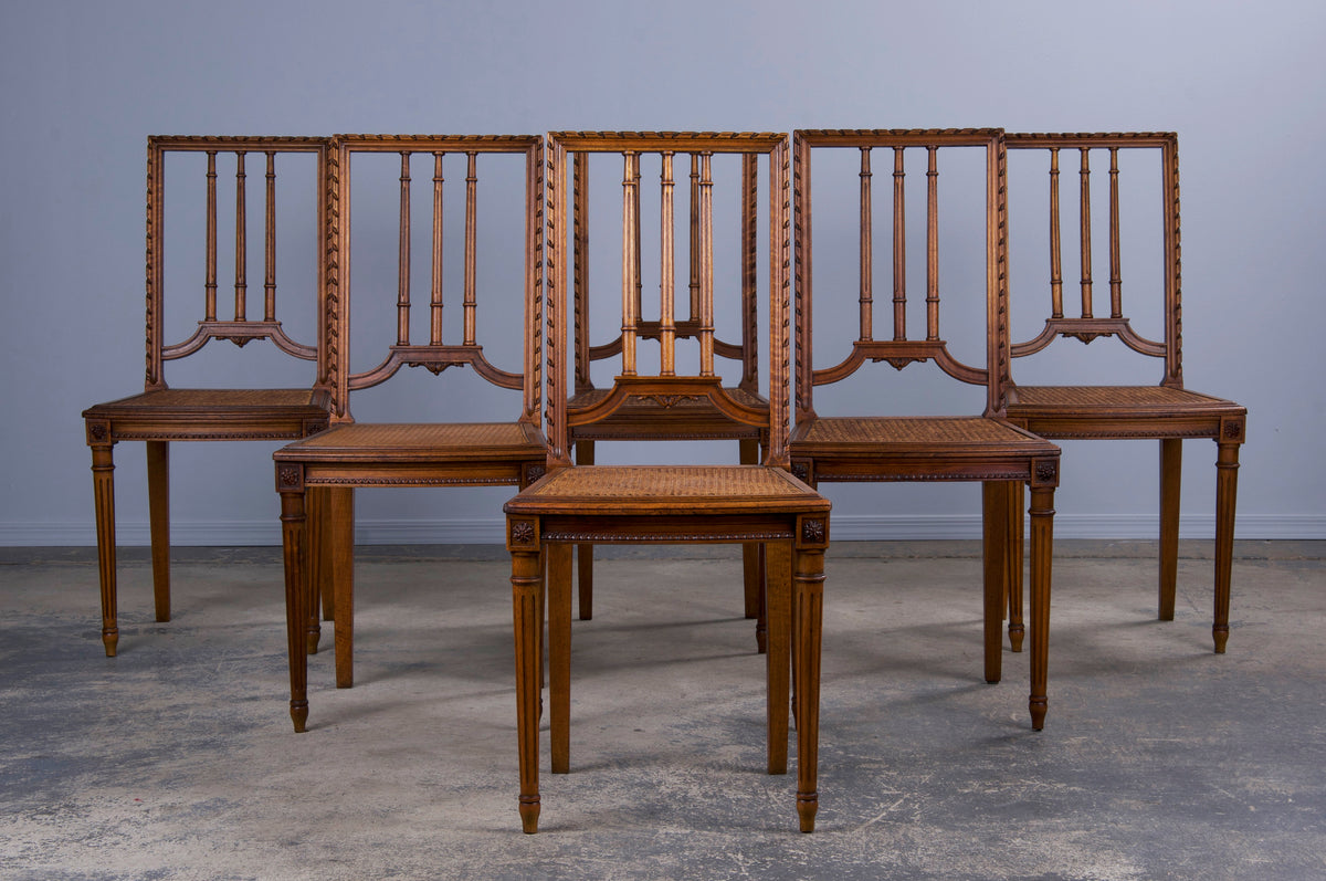 Antique French Louis XVI Style Oak Dining Chairs W/ Cane Seats - Set of 6