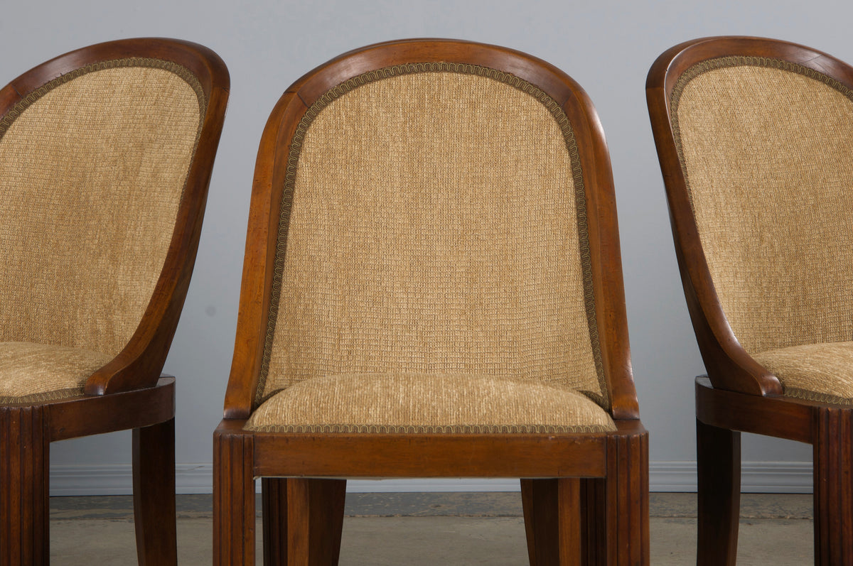 1930s French Art Deco Gondola Walnut Dining Chairs W/ Bronze Chenille - Set of 6