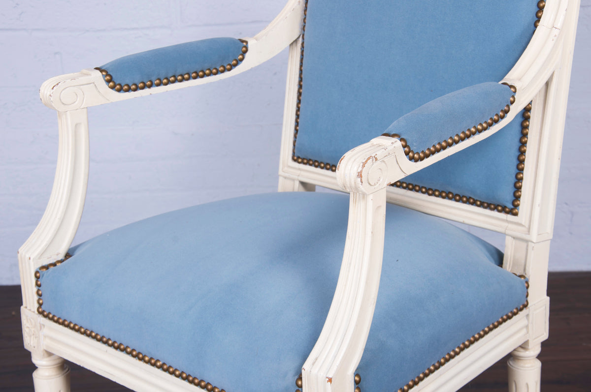 Antique French Louis XVI Style Painted Provincial Armchair W/ Blue Velvet