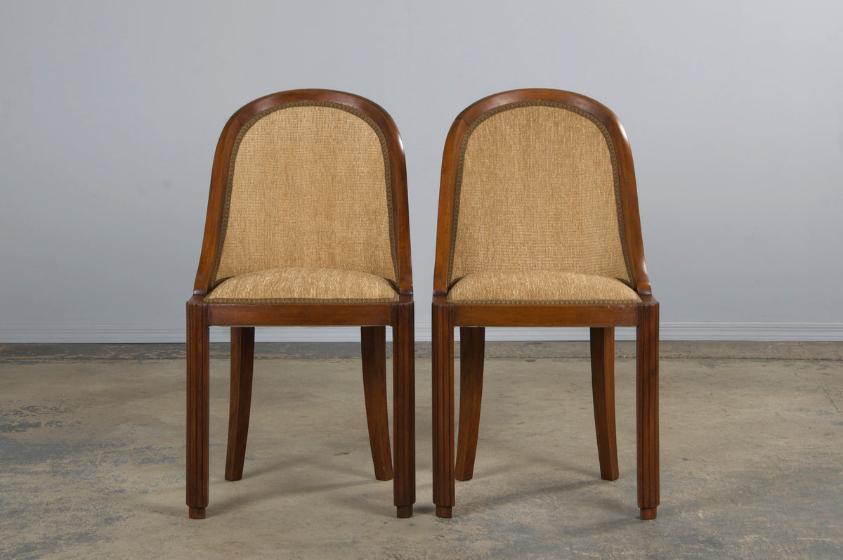 1930s French Art Deco Gondola Walnut Dining Chairs W/ Bronze Chenille - Set of 6