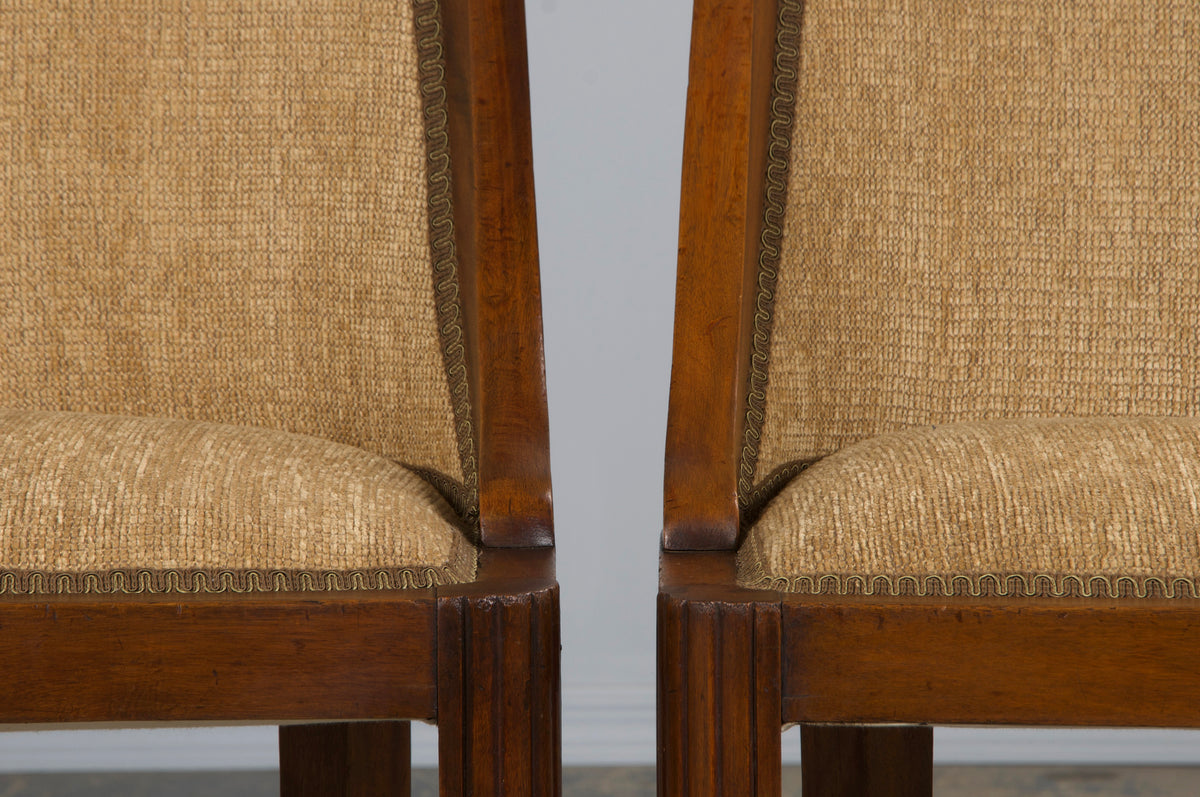 1930s French Art Deco Gondola Walnut Dining Chairs W/ Bronze Chenille - Set of 6