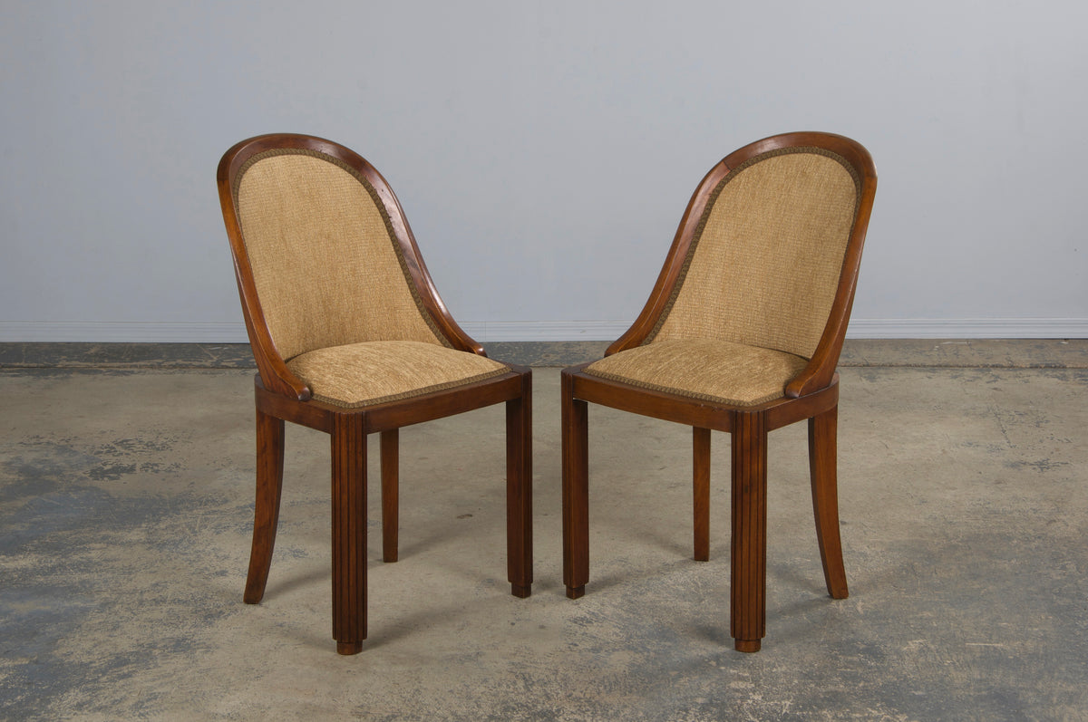 1930s French Art Deco Gondola Walnut Dining Chairs W/ Bronze Chenille - Set of 6