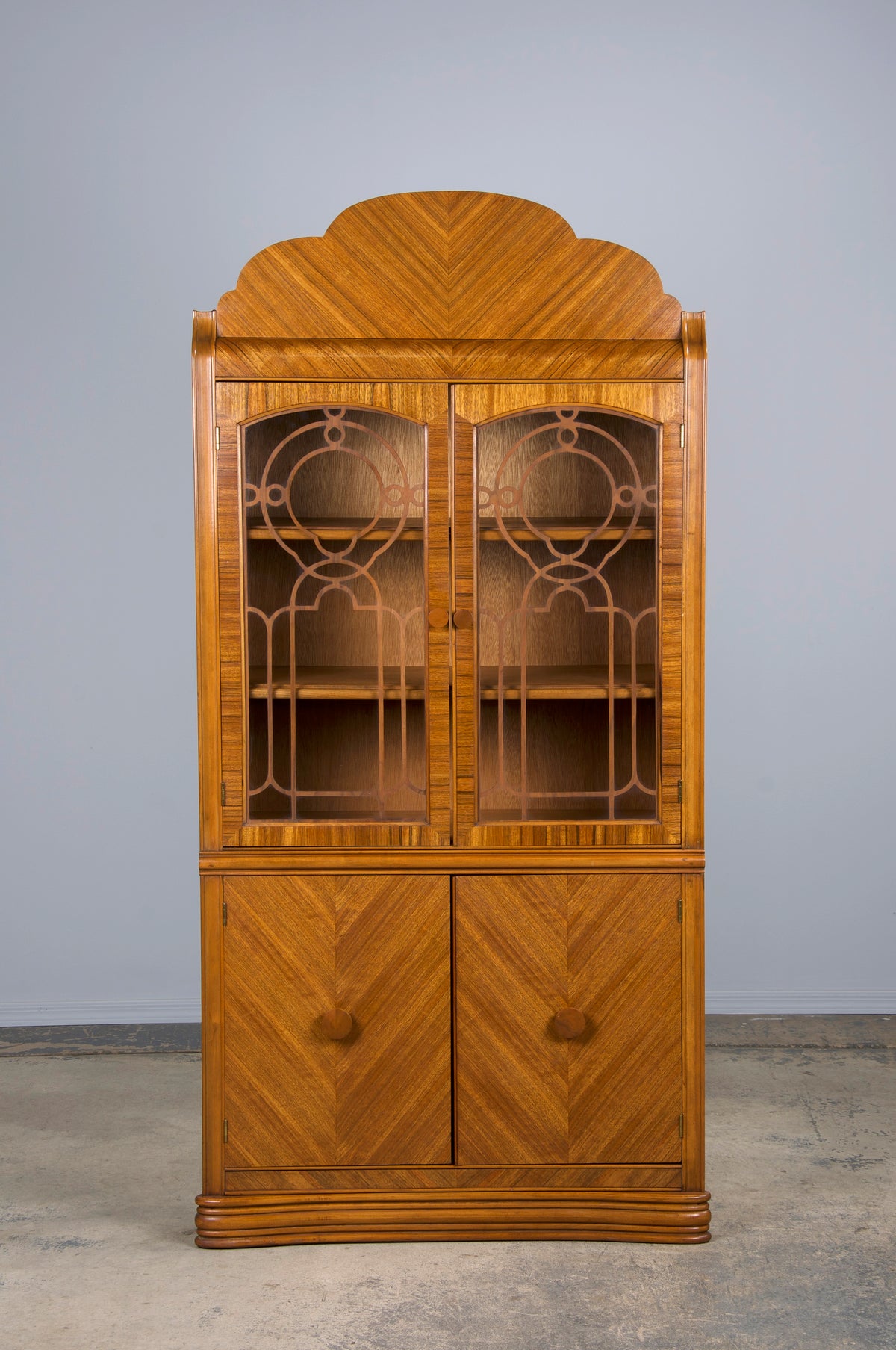 1930s French Art Deco Satinwood Waterfall China Cabinet or Bookcase