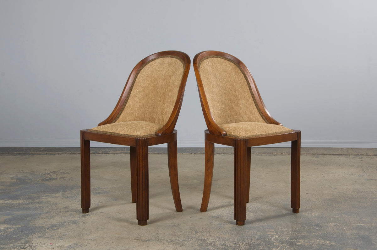 1930s French Art Deco Gondola Walnut Dining Chairs W/ Bronze Chenille - Set of 6