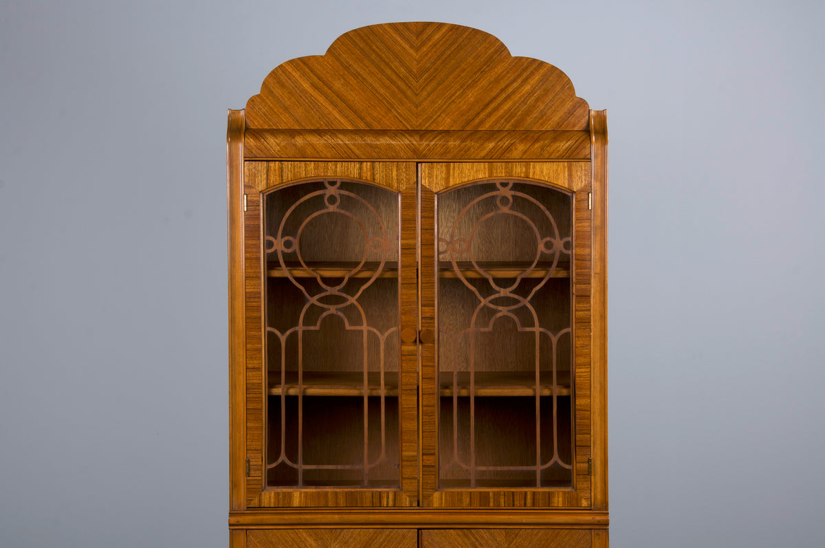 1930s French Art Deco Satinwood Waterfall China Cabinet or Bookcase