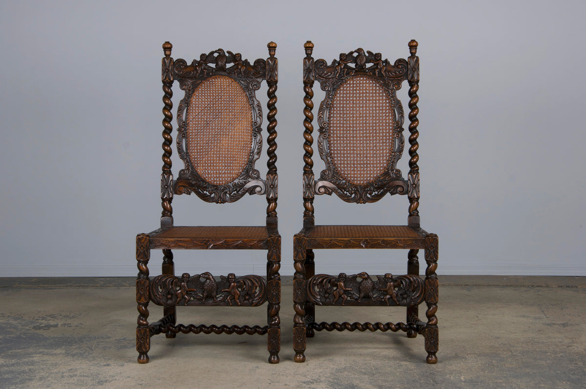 19th Century Jacobean Renaissance Style Walnut and Cane Carved Dining Chairs - Set of 8