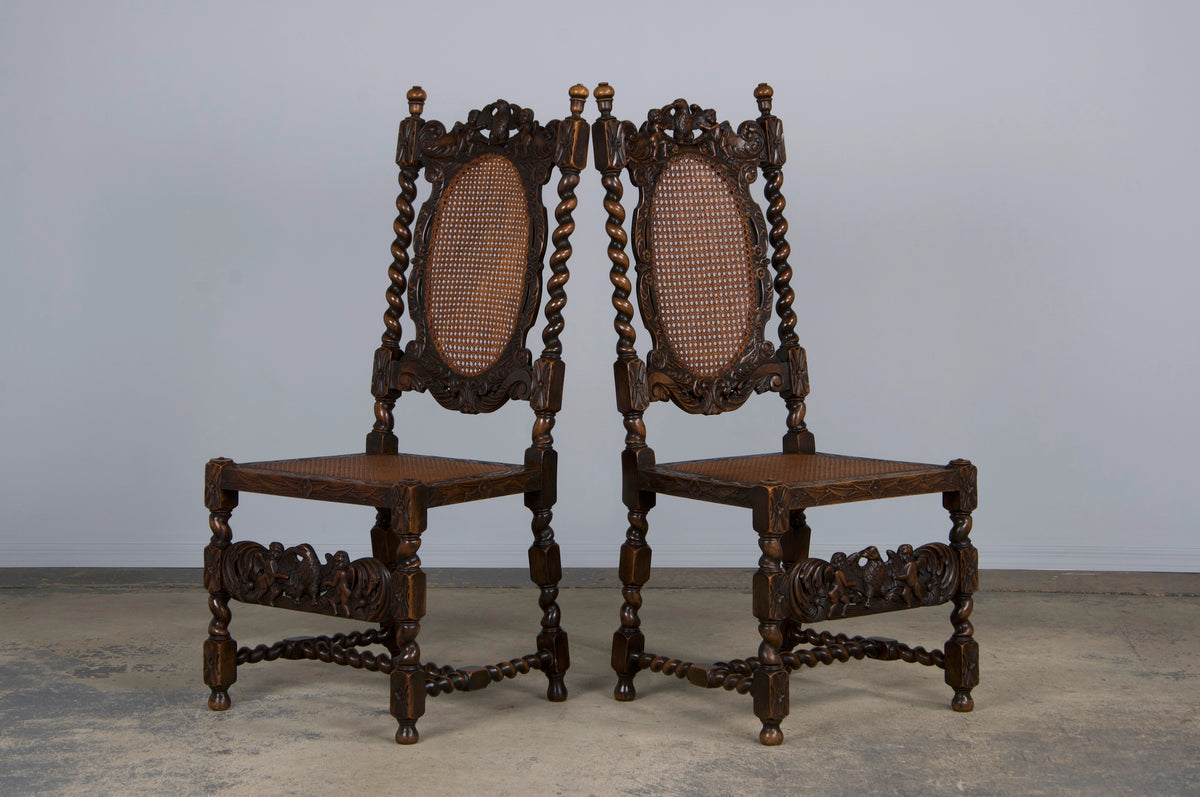 19th Century Jacobean Renaissance Style Walnut and Cane Carved Dining Chairs - Set of 8