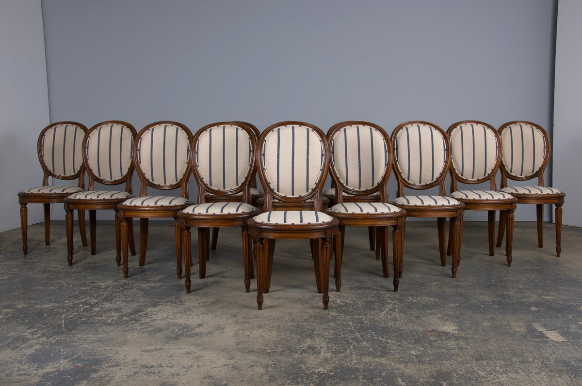 French Louis XVI Style Maple Dining Chairs W/ Striped Fabric - Set of 12