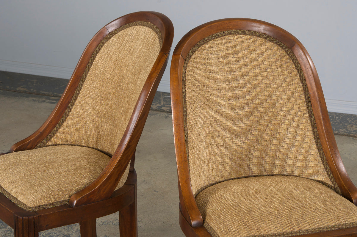 1930s French Art Deco Gondola Walnut Dining Chairs W/ Bronze Chenille - Set of 6