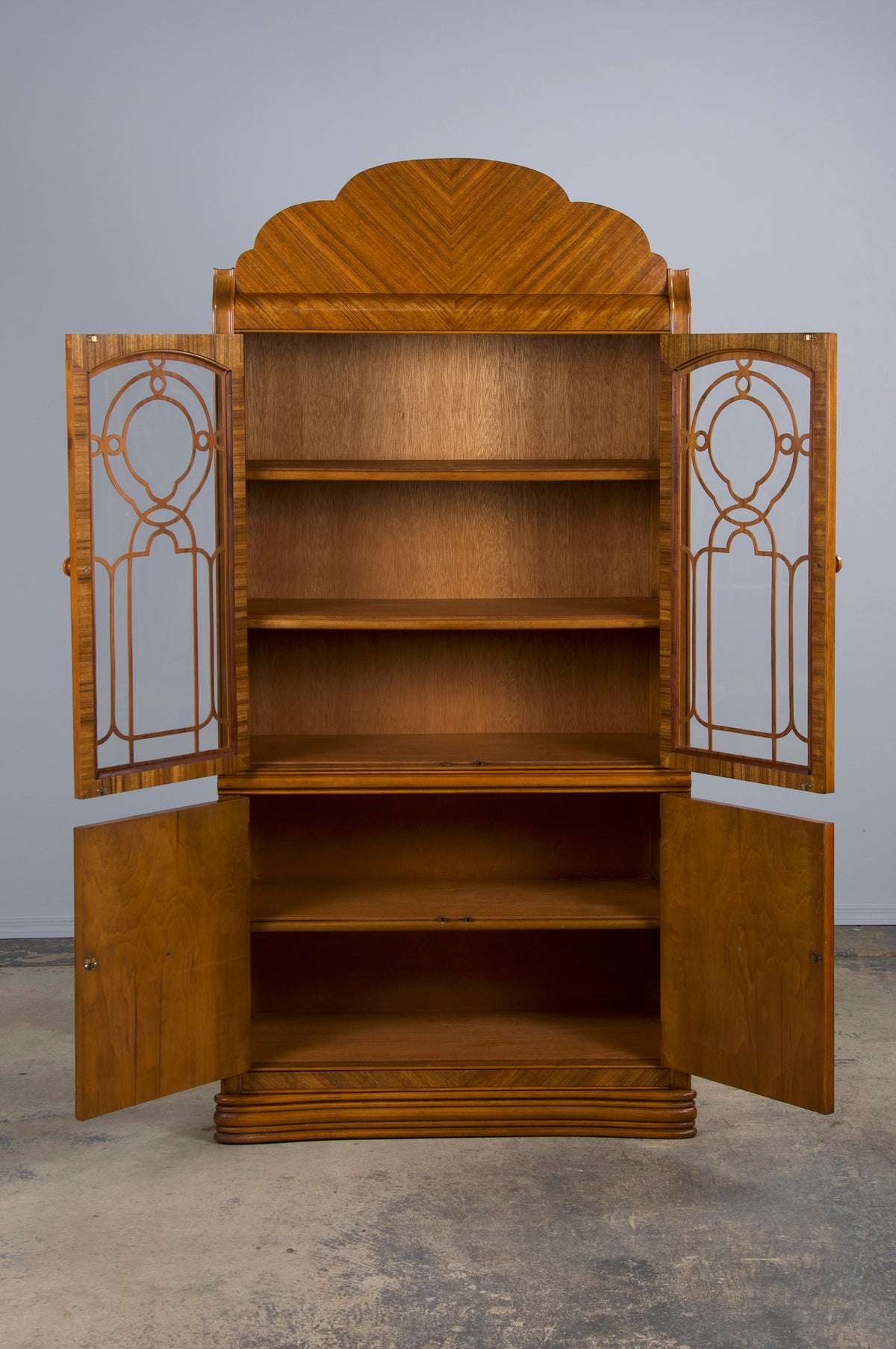 1930s French Art Deco Satinwood Waterfall China Cabinet or Bookcase