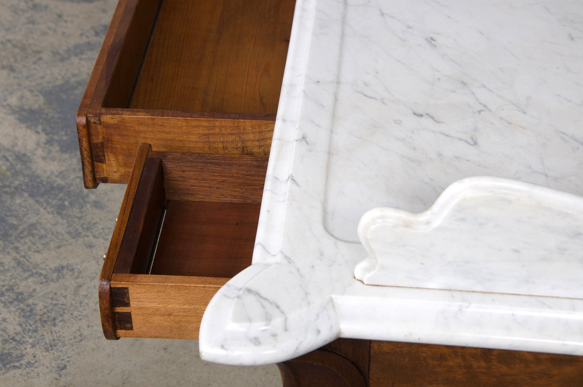 Antique French Art Nouveau Oak Wash Table Vanity W/ Carrara Marble Top