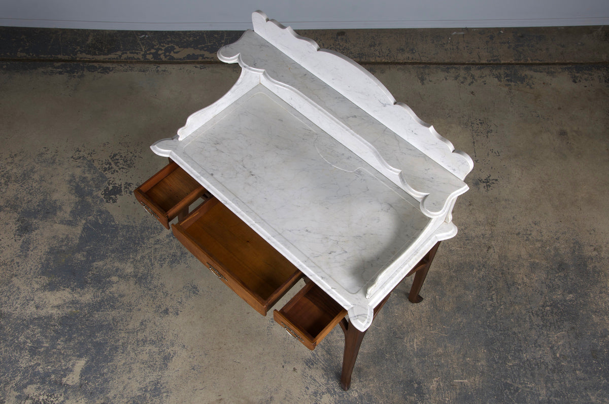 Antique French Art Nouveau Oak Wash Table Vanity W/ Carrara Marble Top