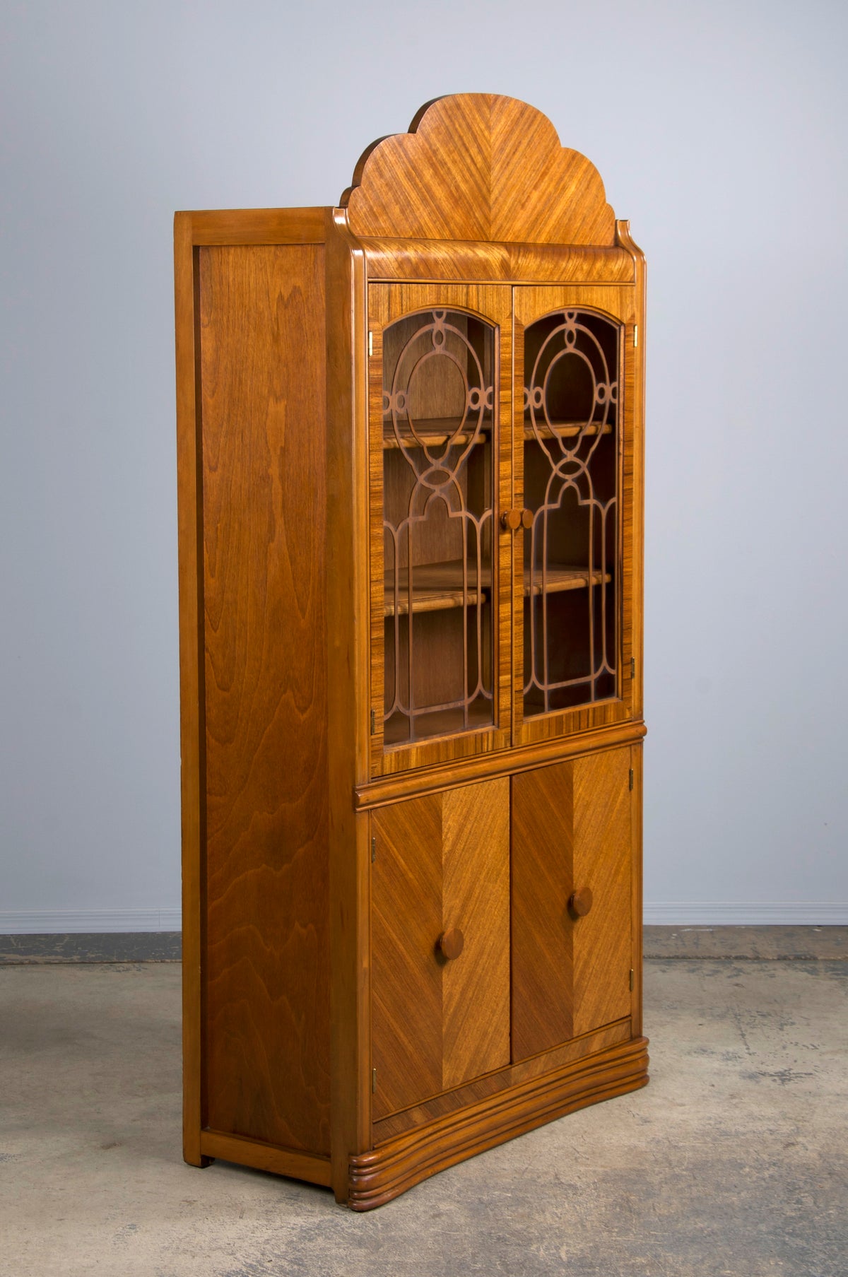 1930s French Art Deco Satinwood Waterfall China Cabinet or Bookcase