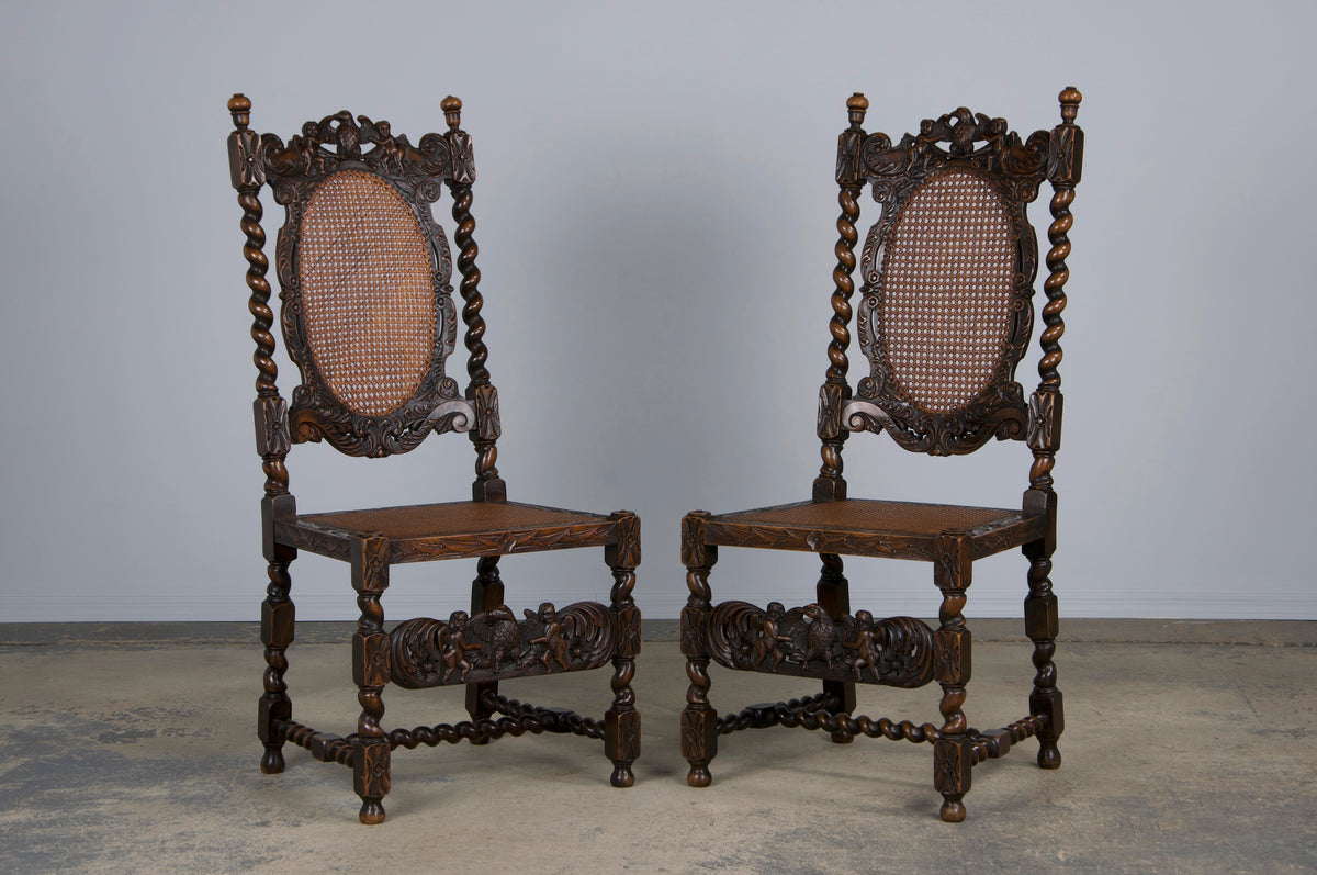 19th Century Jacobean Renaissance Style Walnut and Cane Carved Dining Chairs - Set of 8