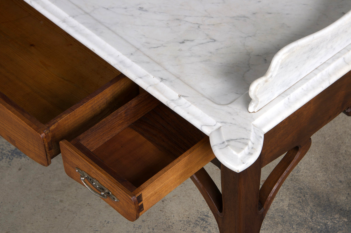 Antique French Art Nouveau Oak Wash Table Vanity W/ Carrara Marble Top