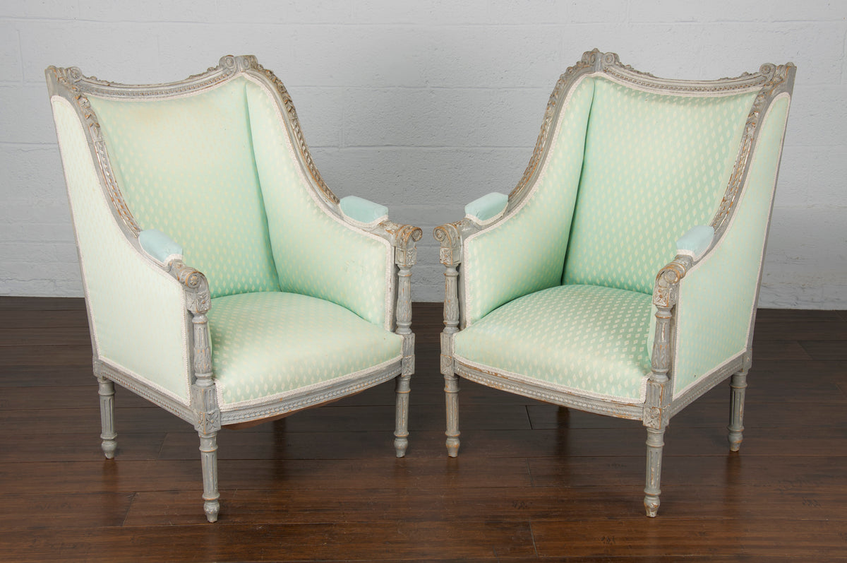 Antique French Louis XVI Style Wingback Painted Armchairs - A Pair