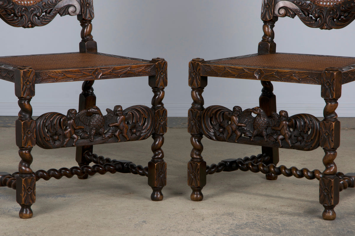 19th Century Jacobean Renaissance Style Walnut and Cane Carved Dining Chairs - Set of 8