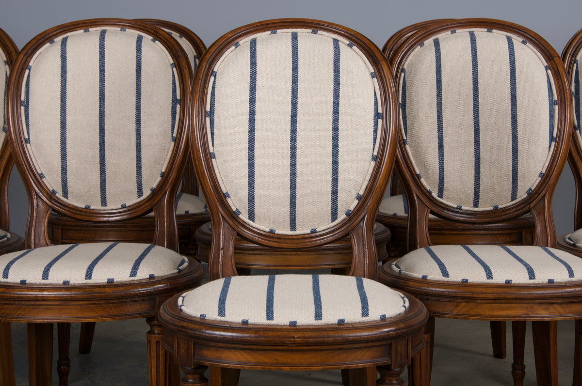 French Louis XVI Style Maple Dining Chairs W/ Striped Fabric - Set of 12