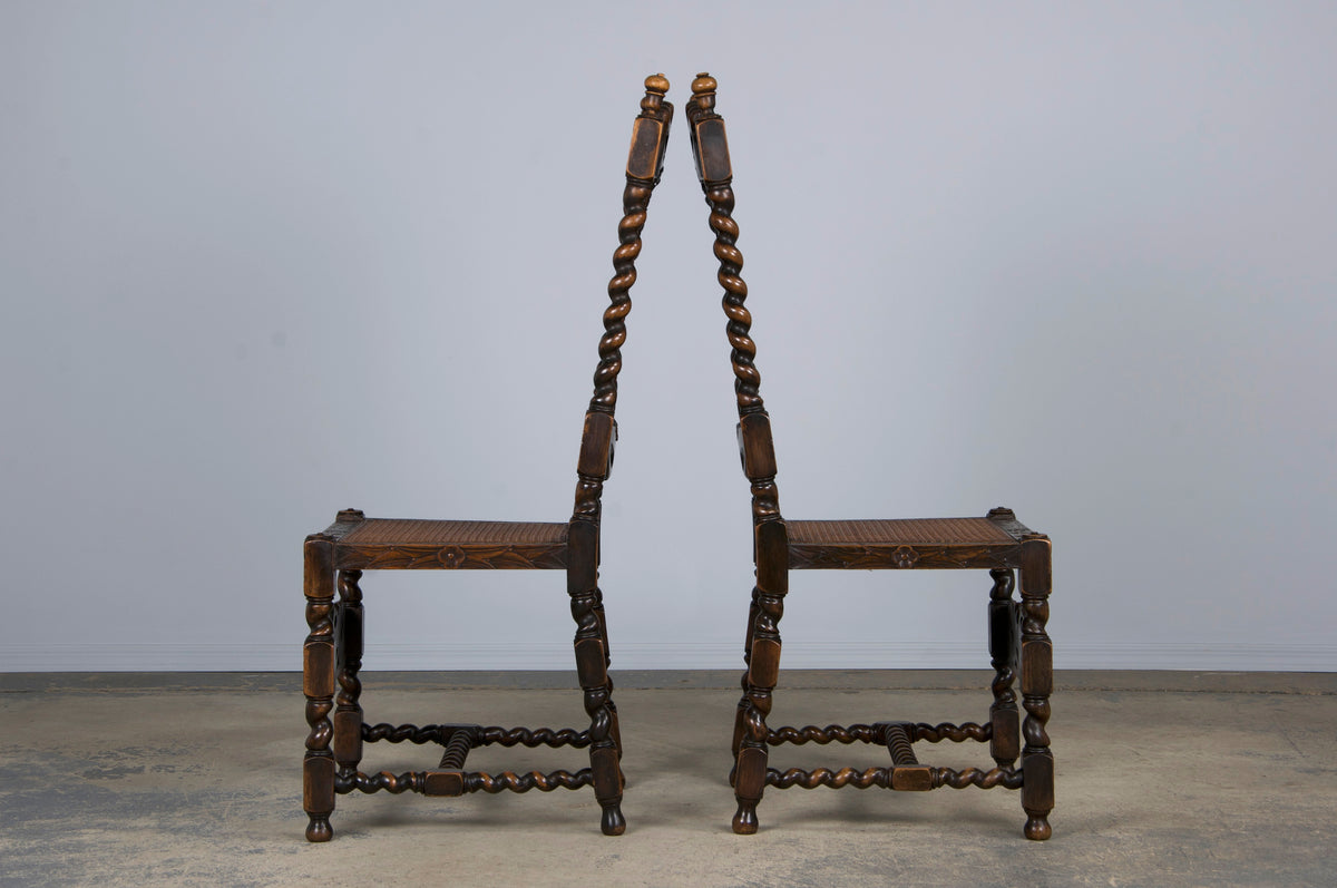 19th Century Jacobean Renaissance Style Walnut and Cane Carved Dining Chairs - Set of 8