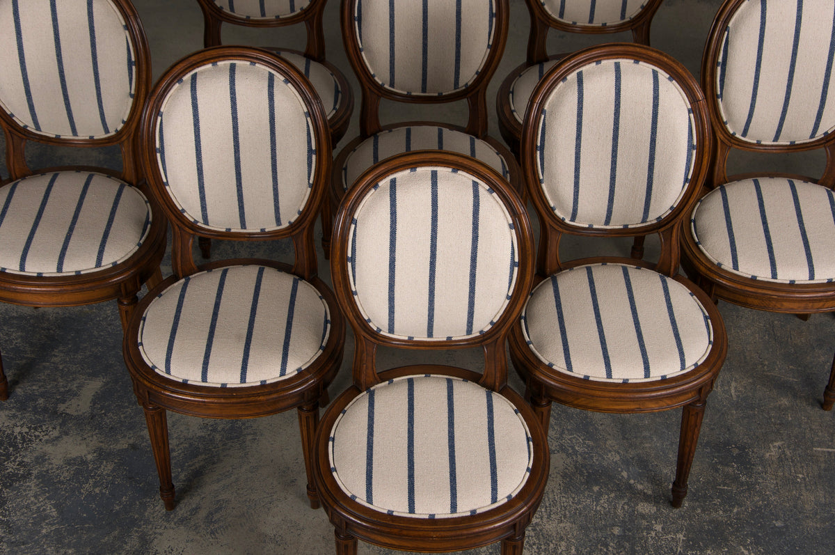 French Louis XVI Style Maple Dining Chairs W/ Striped Fabric - Set of 12