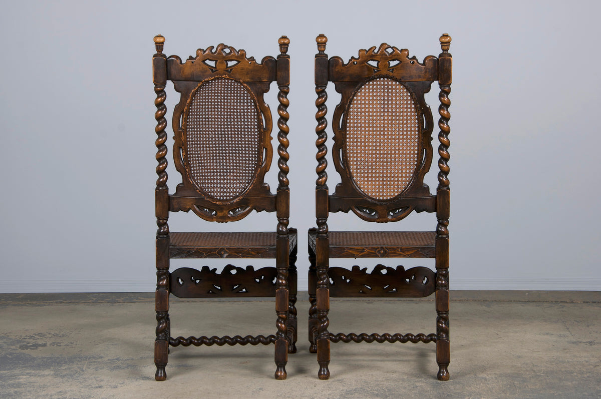 19th Century Jacobean Renaissance Style Walnut and Cane Carved Dining Chairs - Set of 8