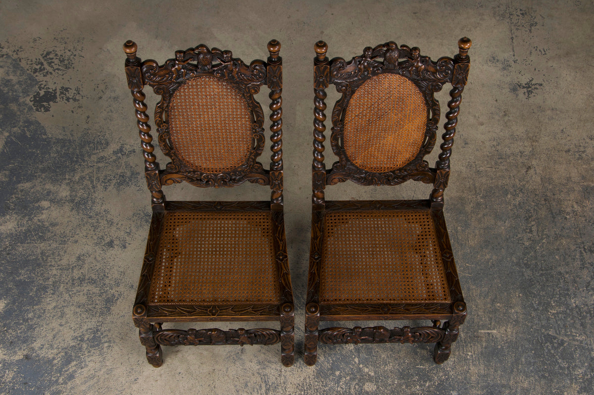 19th Century Jacobean Renaissance Style Walnut and Cane Carved Dining Chairs - Set of 8