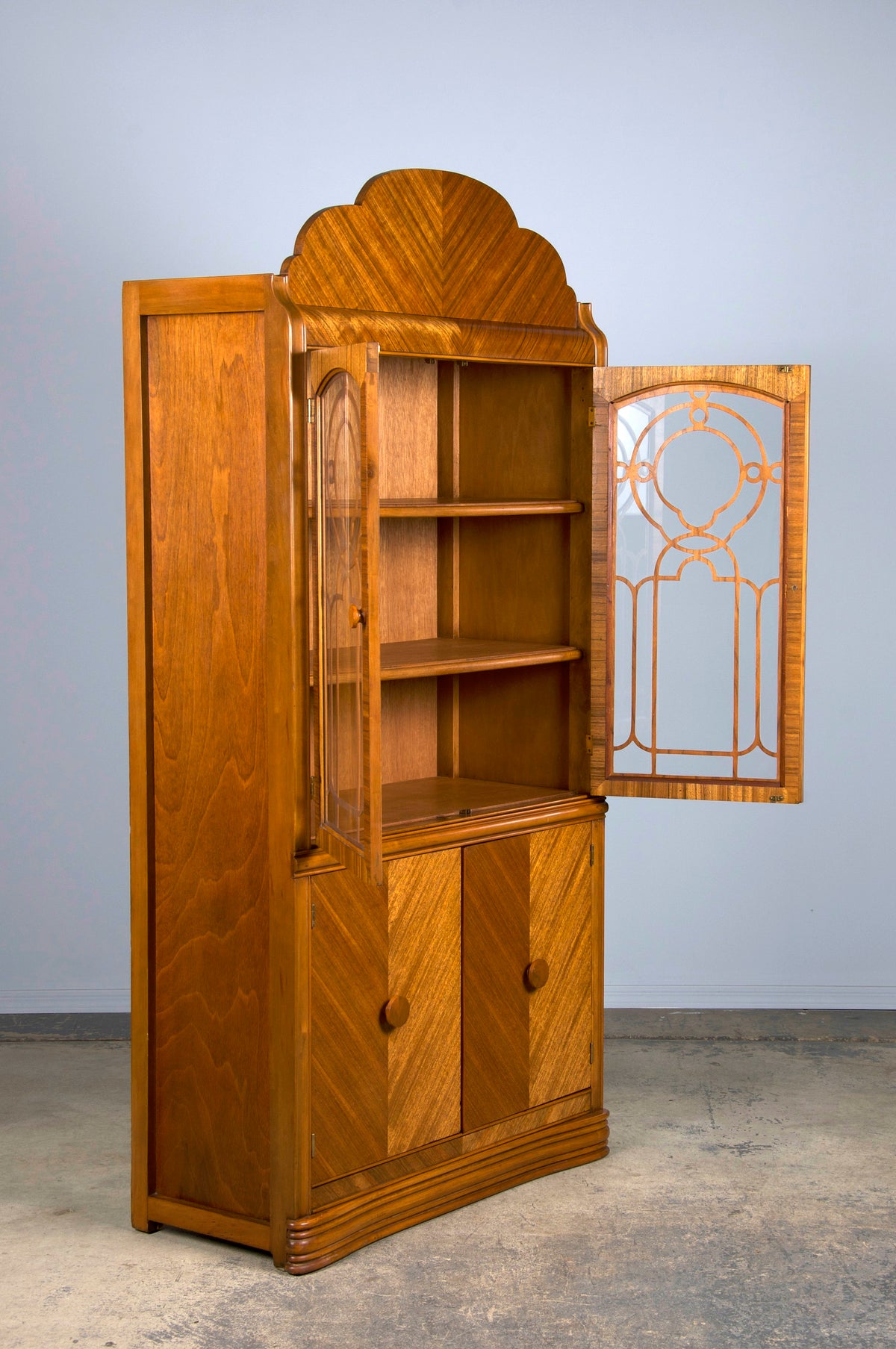 1930s French Art Deco Satinwood Waterfall China Cabinet or Bookcase