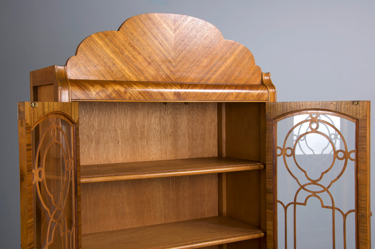 1930s French Art Deco Satinwood Waterfall China Cabinet or Bookcase