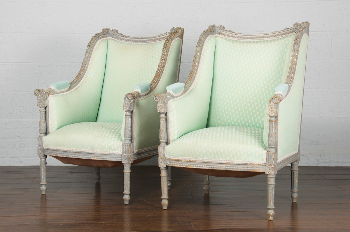 Antique French Louis XVI Style Wingback Painted Armchairs - A Pair