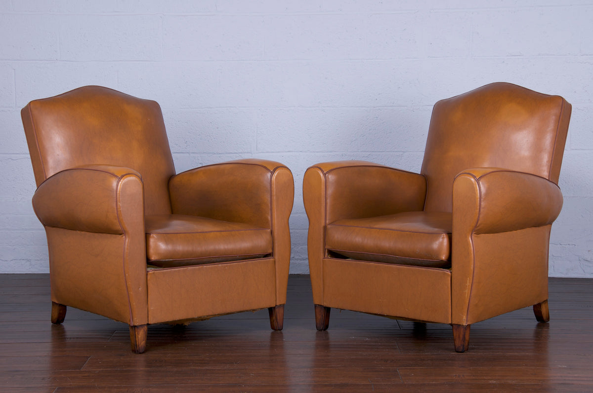 1950s French Art Deco Club Chairs W/ Brown Vinyl - A Pair