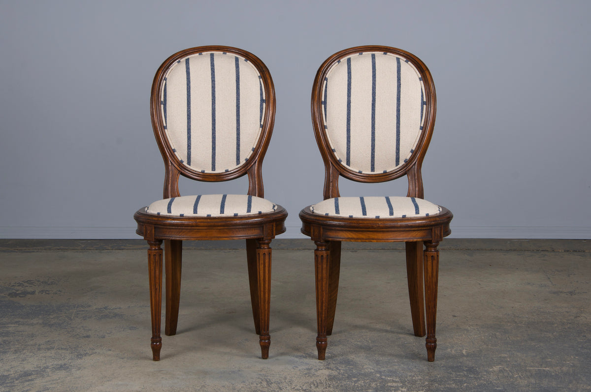 French Louis XVI Style Maple Dining Chairs W/ Striped Fabric - Set of 12