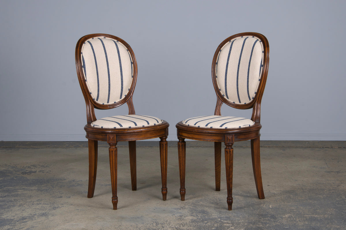 French Louis XVI Style Maple Dining Chairs W/ Striped Fabric - Set of 12