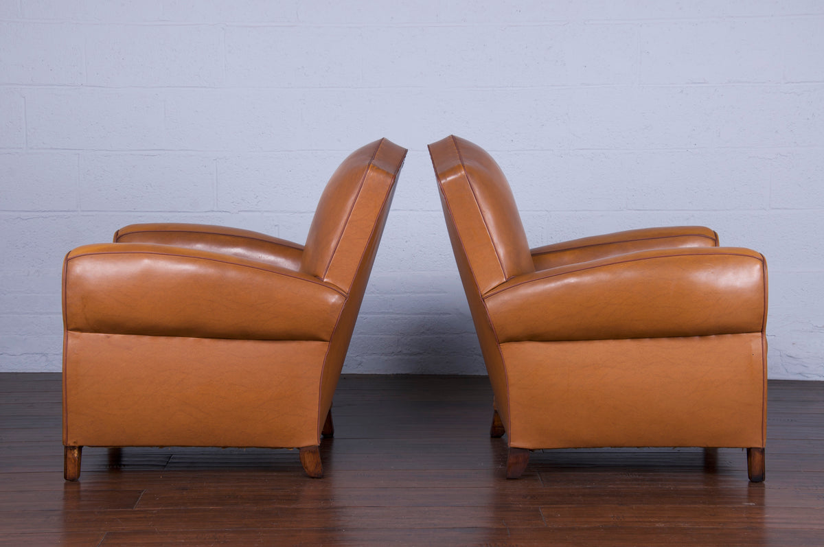 1950s French Art Deco Club Chairs W/ Brown Vinyl - A Pair