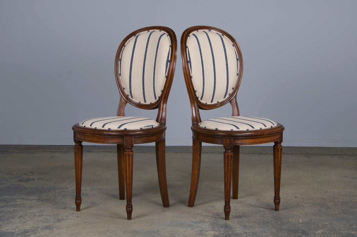 French Louis XVI Style Maple Dining Chairs W/ Striped Fabric - Set of 12