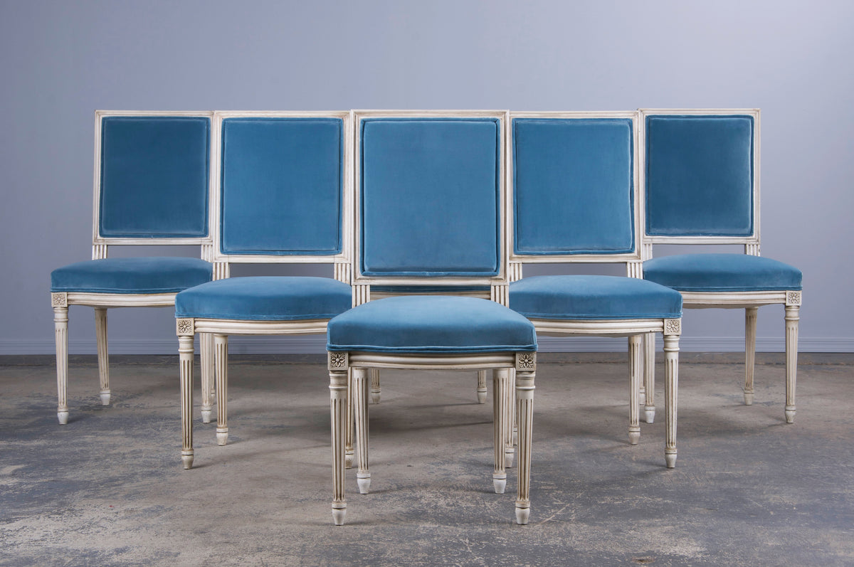 Antique French Louis XVI Style Painted Square Back Dining Chairs W/ Blue Velvet - Set of 6