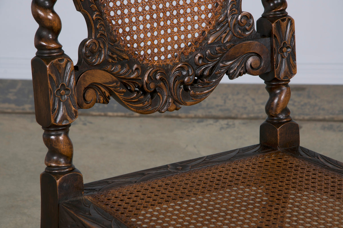 19th Century Jacobean Renaissance Style Walnut and Cane Carved Dining Chairs - Set of 8