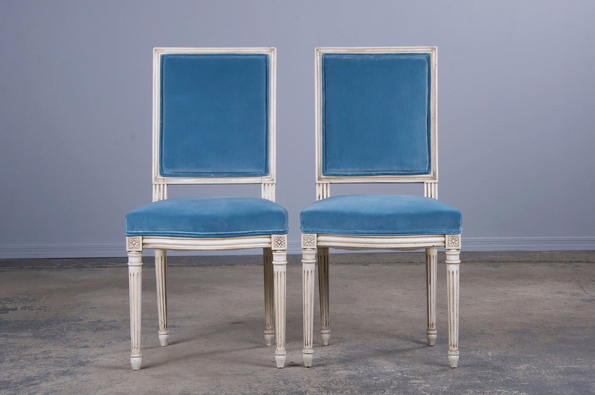 Antique French Louis XVI Style Painted Square Back Dining Chairs W/ Blue Velvet - Set of 6