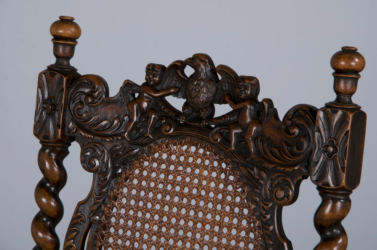 19th Century Jacobean Renaissance Style Walnut and Cane Carved Dining Chairs - Set of 8