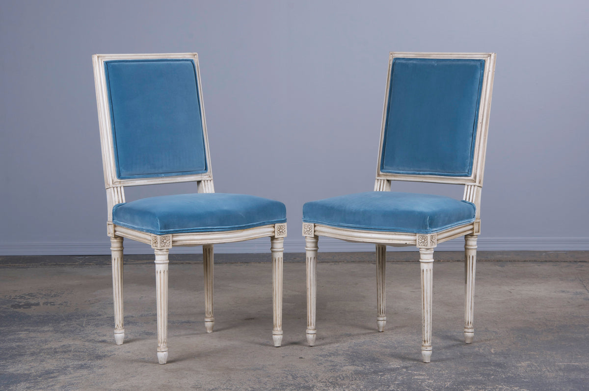 Antique French Louis XVI Style Painted Square Back Dining Chairs W/ Blue Velvet - Set of 6