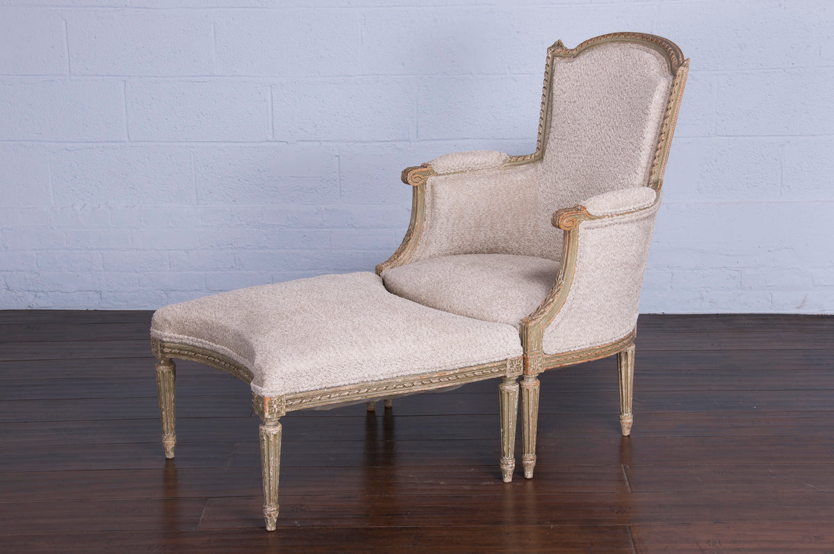 19th Century Louis XVI Style Painted Duchesse Brisee Chaise W/ Taupe Boucle