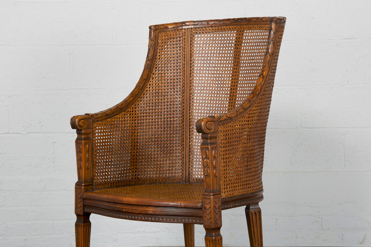 19th Century French Neoclassical Louis XVI Style Cane Walnut Bergere Armchair