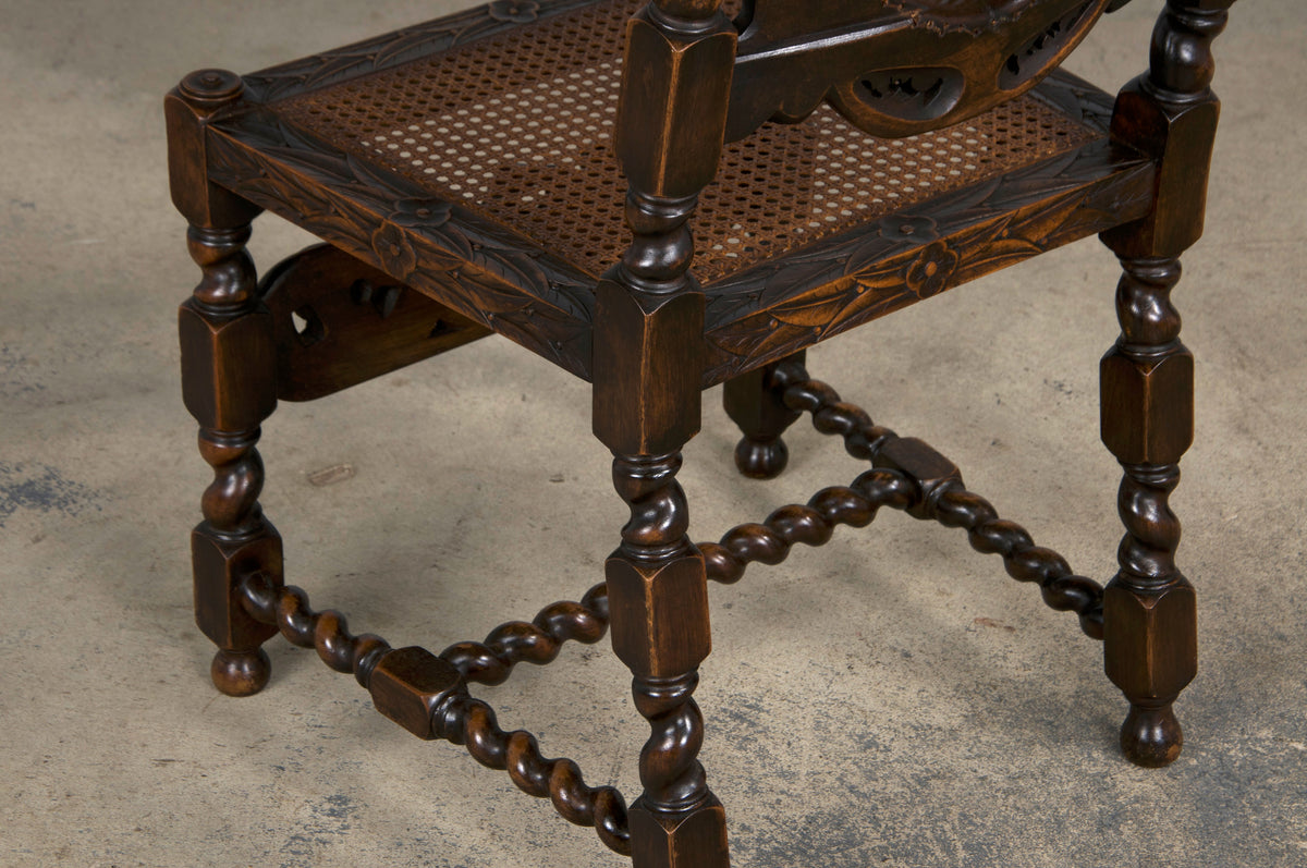 19th Century Jacobean Renaissance Style Walnut and Cane Carved Dining Chairs - Set of 8