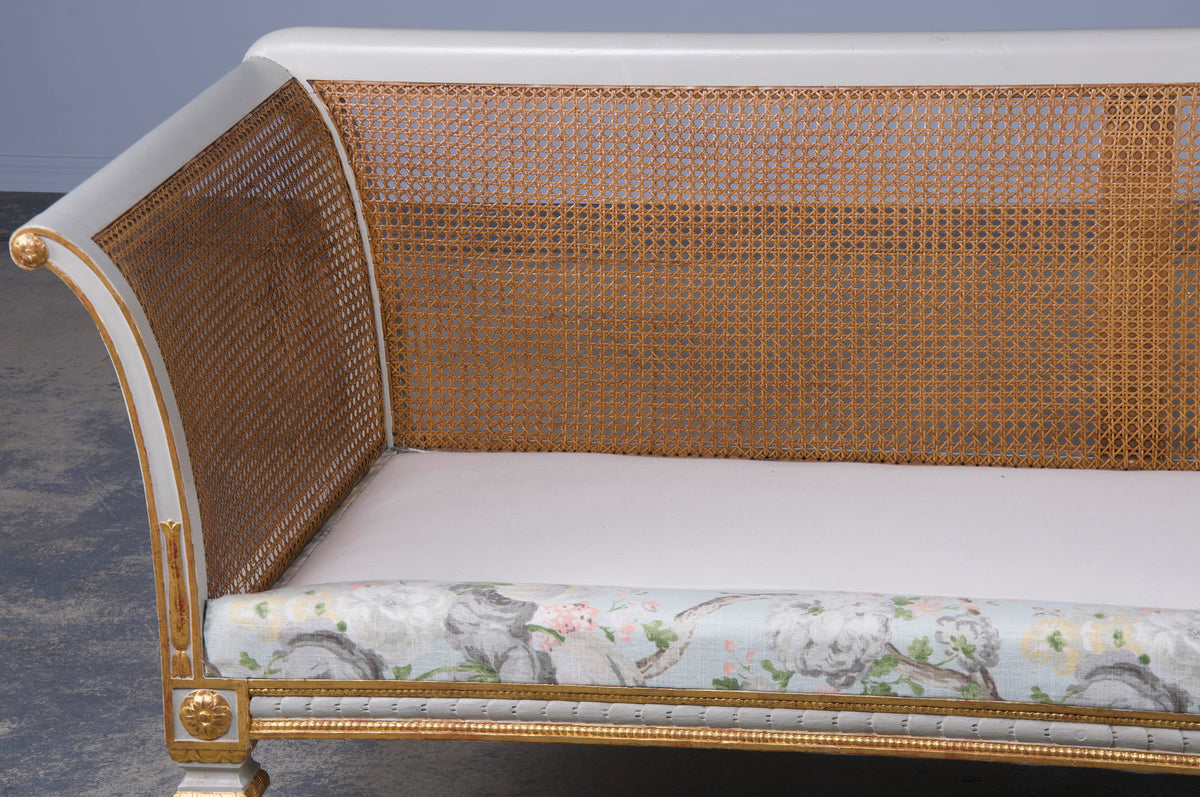 Antique French Louis XVI Neoclassical Style Painted Cane Back Loveseat W/ Floral Linen